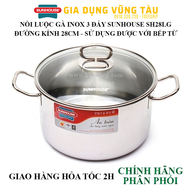 Nồi luộc gà inox 3 đáy 28cm Sunhouse SH28LG, sử dụng trên mọi loại bếp