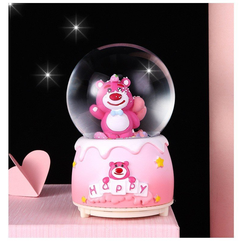 Quả cầu tuyết hình gấu dâu có hộp phát nhạc và đèn phát sáng xinh xắn