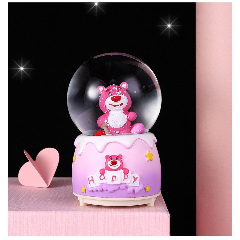 Quả cầu tuyết hình gấu dâu có hộp phát nhạc và đèn phát sáng xinh xắn