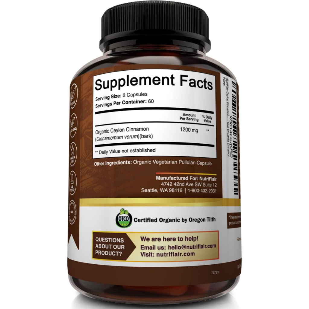 Nutriflair Organic Ceylon Cinnamon 1200mg - Viên uống kiểm soát cân nặng, ổn định đường huyết từ Quế