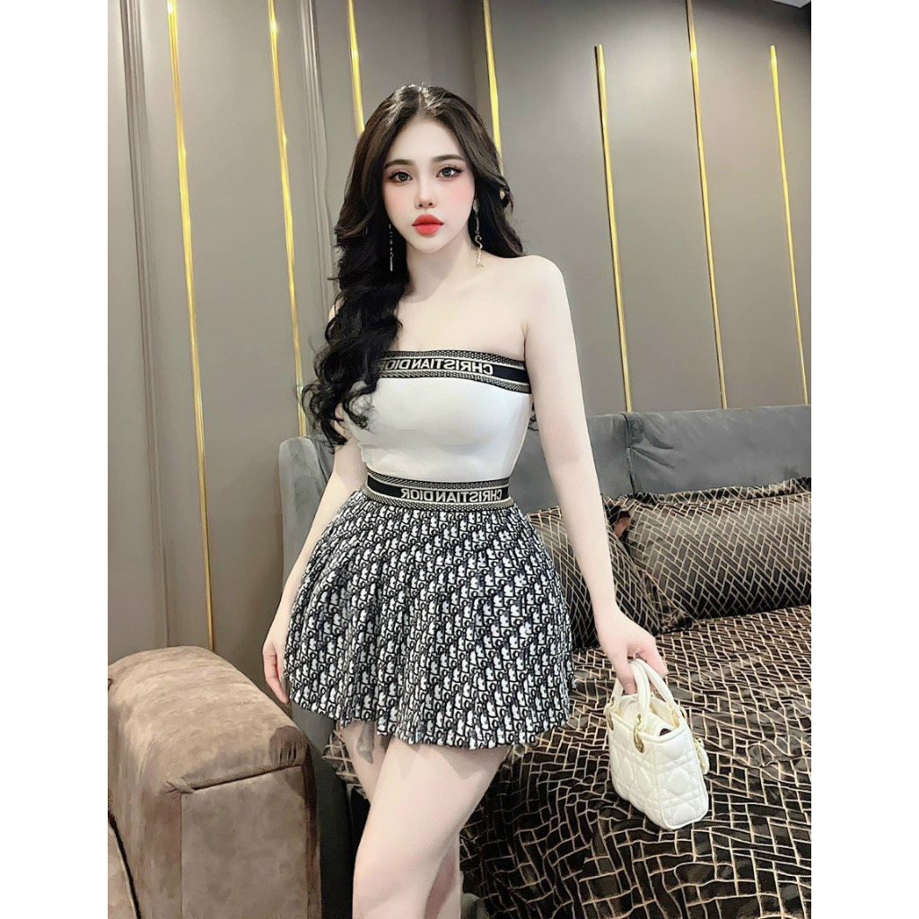 Set áo quây mix chân váy bố di 0r có lót dây kéo họa tiết sang xịn