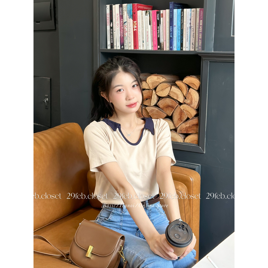 Áo thun zip phối màu cổ V polo - 29feb.closet - A254