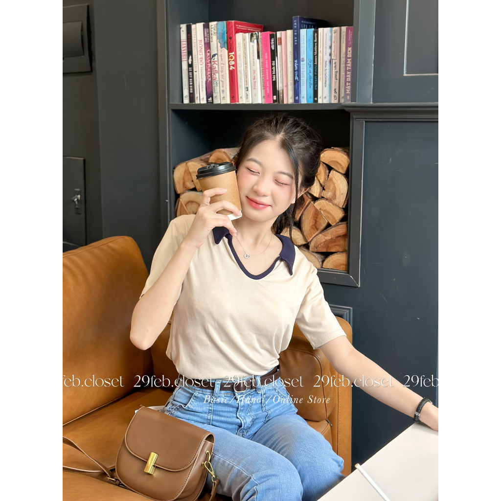 Áo thun zip phối màu cổ V polo - 29feb.closet - A254