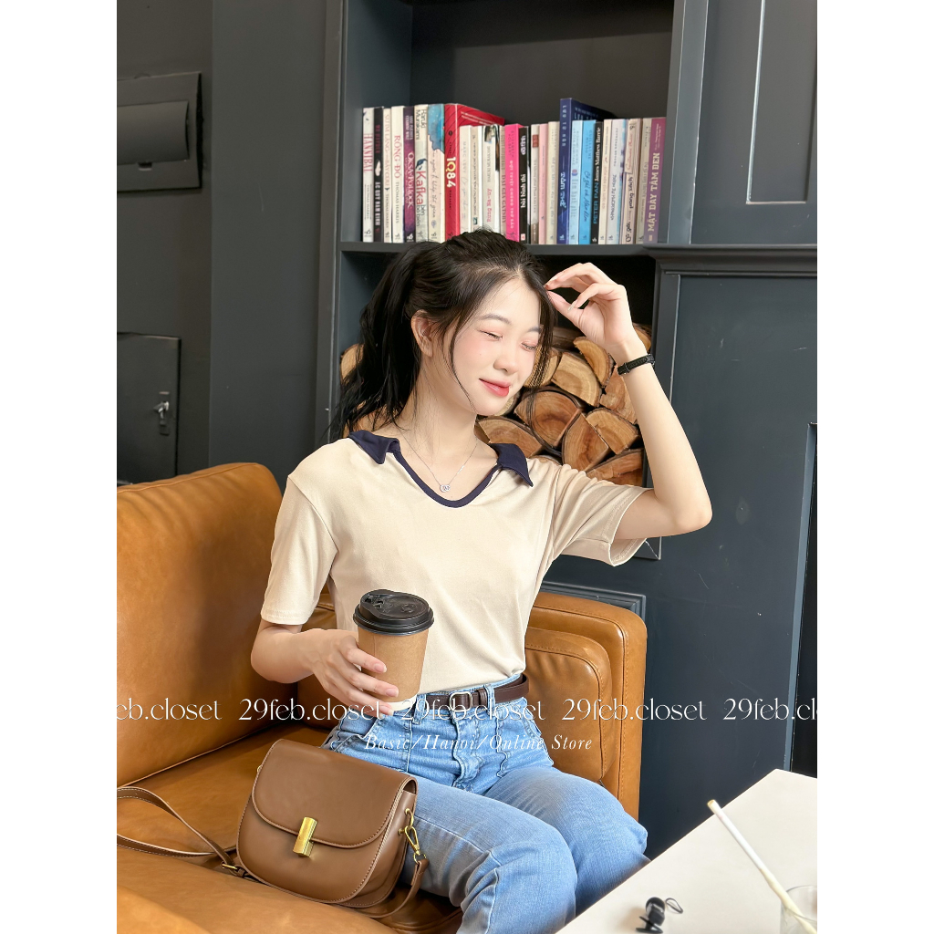 Áo thun zip phối màu cổ V polo - 29feb.closet - A254