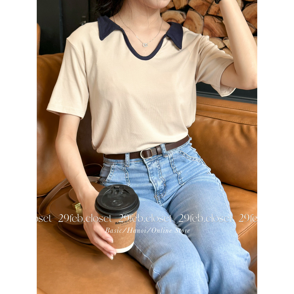 Áo thun zip phối màu cổ V polo - 29feb.closet - A254