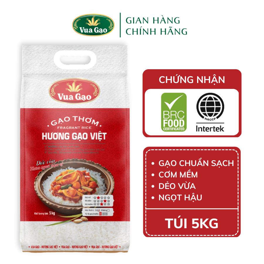 Gạo Thơm Hương Gạo Việt – Vua Gạo – Cơm Dẻo Vừa, Vị Ngọt Hậu - Túi 5kg