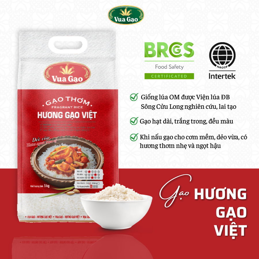 Gạo Thơm Hương Gạo Việt – Vua Gạo – Cơm Dẻo Vừa, Vị Ngọt Hậu - Túi 5kg