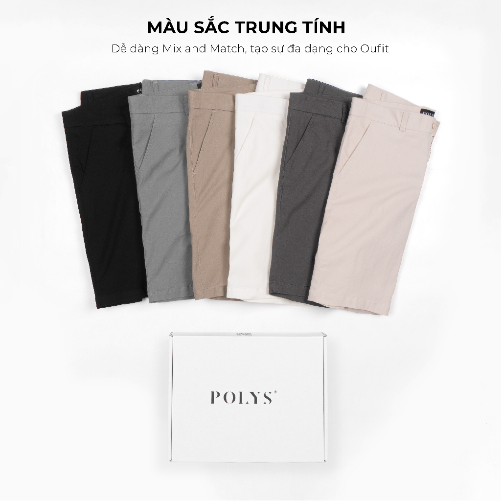 Quần short nam POLYS Fullbox vải Kaki Cotton dày dặn, co giãn và thấm hút tốt. Form regular Quần Short Kaki Nam