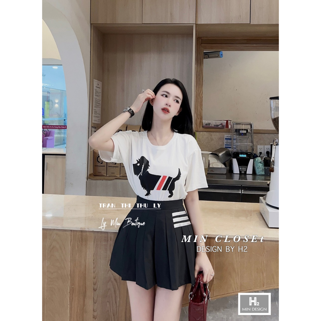 Set thom kèm chân váy chéo hàn Bộ thom áo phông in ngực + chân váy kaki
