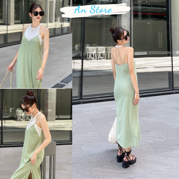 Đầm Suông Dáng Dài, Váy 2 Dây Phối Màu, Chất Vải Đẹp, Có Túi Sườn Tiện Lợi, Phom XInh Dưới 55kg