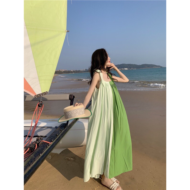 Đầm đi biển hai dây mix hai màu siêu xinh thời trang nữ