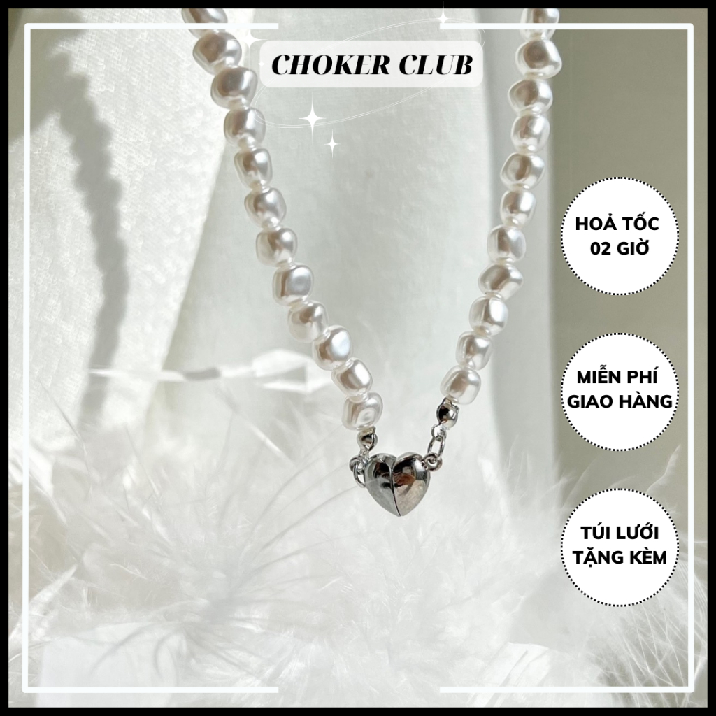 Vòng cổ choker ngọc trai nhân tạo mặt trái tim nam châm C113 Choker Club