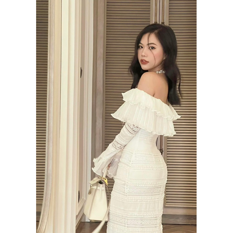 Đầm nữ dự tiệc trễ vai nhún bèo tay dài 💓FREESHIP💓 váy nữ tiểu thư vải voan sexy ôm body