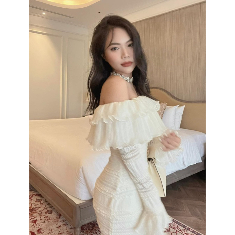Đầm nữ dự tiệc trễ vai nhún bèo tay dài 💓FREESHIP💓 váy nữ tiểu thư vải voan sexy ôm body