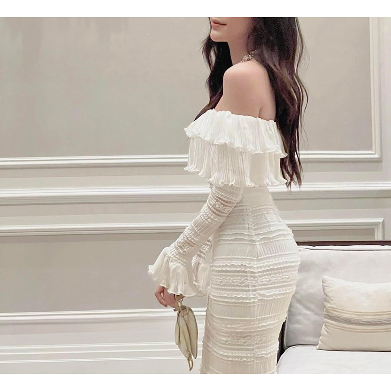 Đầm nữ dự tiệc trễ vai nhún bèo tay dài 💓FREESHIP💓 váy nữ tiểu thư vải voan sexy ôm body