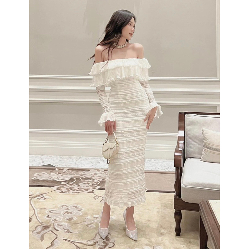 Đầm nữ dự tiệc trễ vai nhún bèo tay dài 💓FREESHIP💓 váy nữ tiểu thư vải voan sexy ôm body