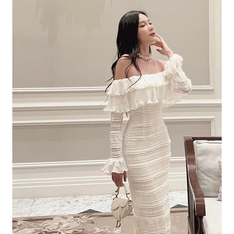 Đầm nữ dự tiệc trễ vai nhún bèo tay dài 💓FREESHIP💓 váy nữ tiểu thư vải voan sexy ôm body