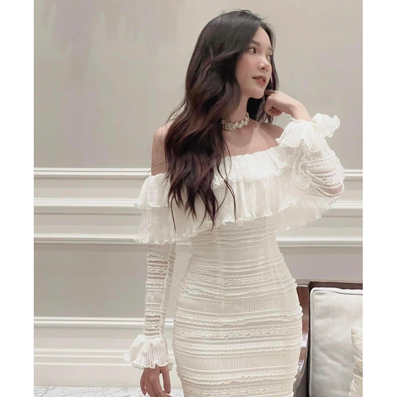 Đầm nữ dự tiệc trễ vai nhún bèo tay dài 💓FREESHIP💓 váy nữ tiểu thư vải voan sexy ôm body