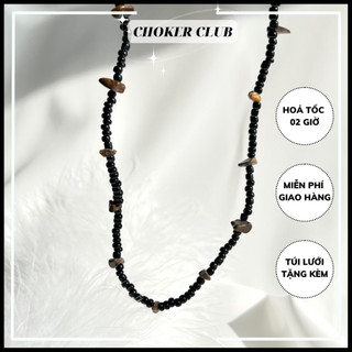 Vòng cổ Choker chuỗi hạt đen đính đá sỏi nâu C132 Choker Club