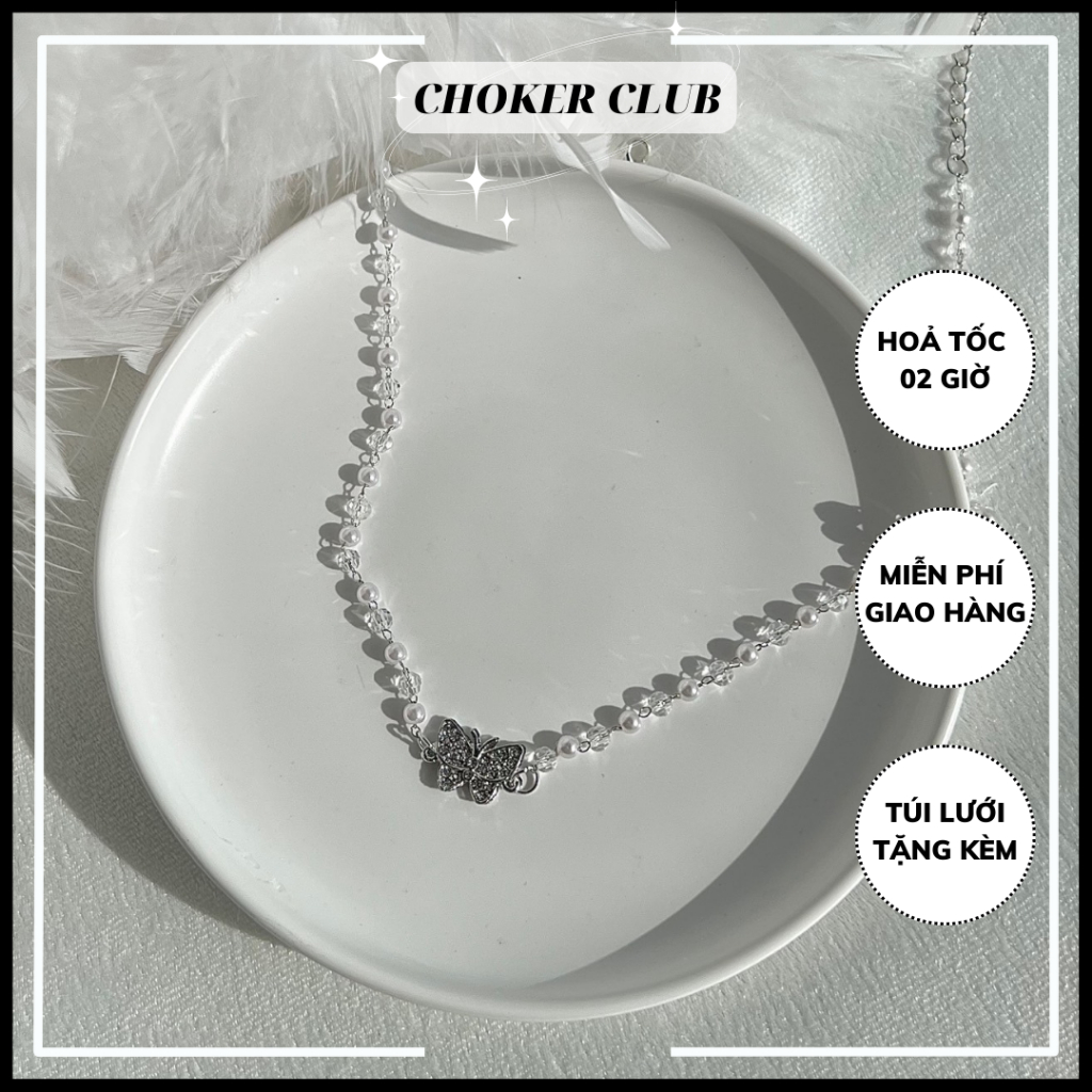 Vòng cổ ngọc trai nhân tạo phối hạt cườm mặt bướm C133 Choker Club