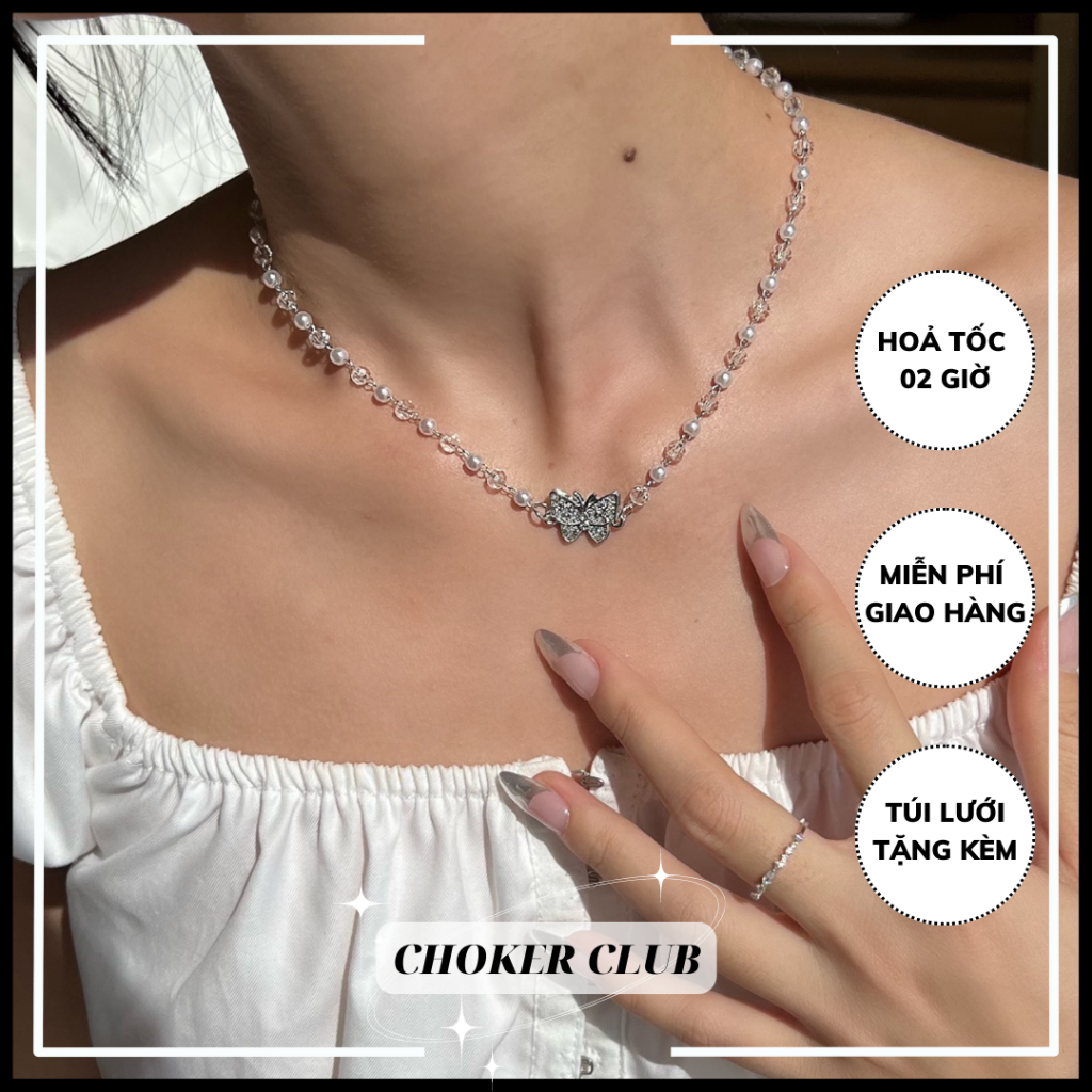 Vòng cổ ngọc trai nhân tạo phối hạt cườm mặt bướm C133 Choker Club