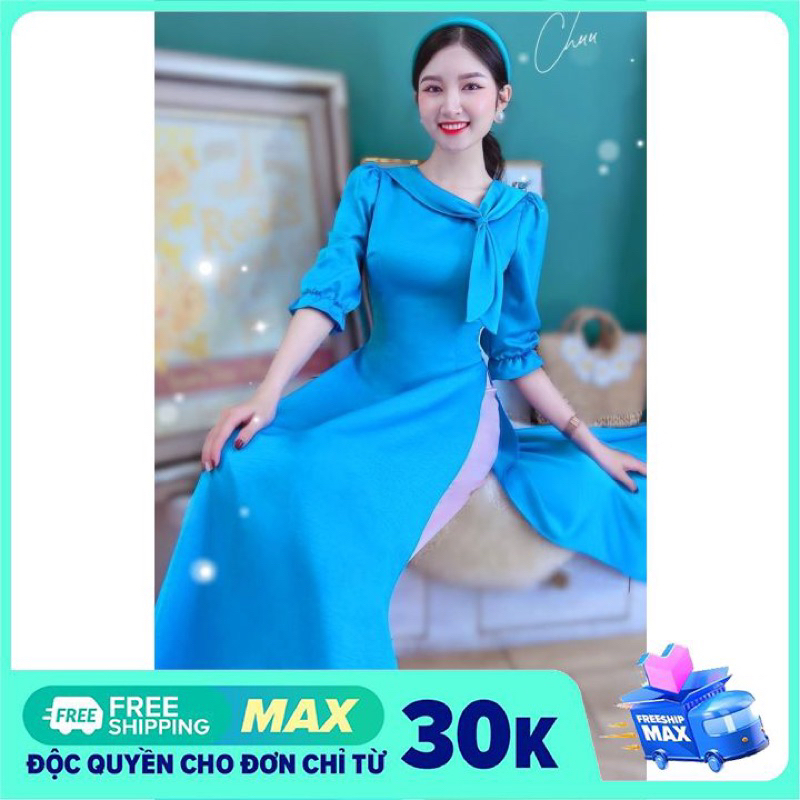 Áo dài cách tân màu xanh biển,cổ buộc nơ