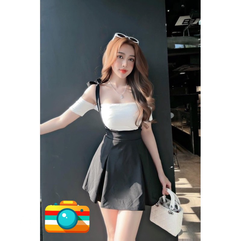 Set yếm tuyết mưa cột nơ dáng xoè nhẹ kèm áo thun trễ vai tay ngắn