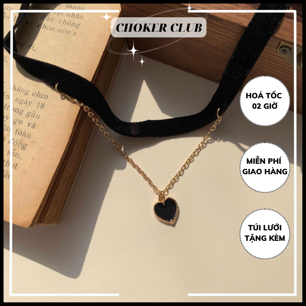 Vòng cổ choker nhung màu đen mặt trái tim C160 Choker Club