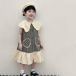 Váy Bé Gái (8-28kg) Thiết Kế Dáng Xoè Đuôi Cá Chất Liệu Thô Linen Mix Cara Hoạ Tiết Kẻ Caro Màu Đen - Chickbongbaby V2