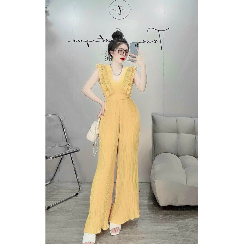 Jump bèo cổ V dập ly ống rộng dáng dài siêu sang chảnh-hình thật shop chụp.