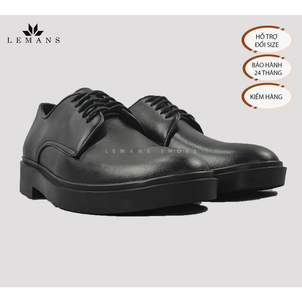 Giày công sở Modern Derby Black LEMANS GC08 da bò, đế tăng cao 4cm, giày tây tăng chiều cao ,bảo hành 12-24 tháng