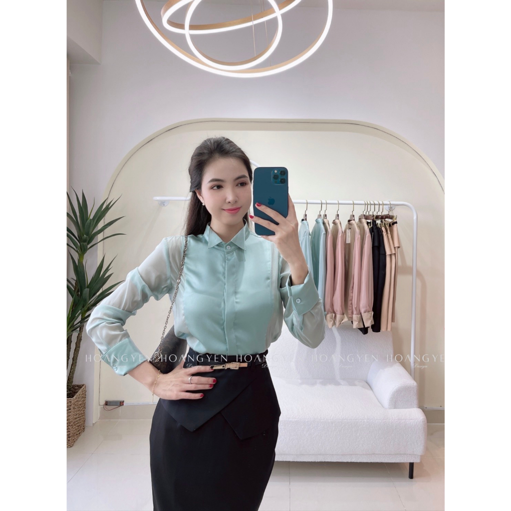 Áo sơ mi cổ trụ bẻ phối vải
