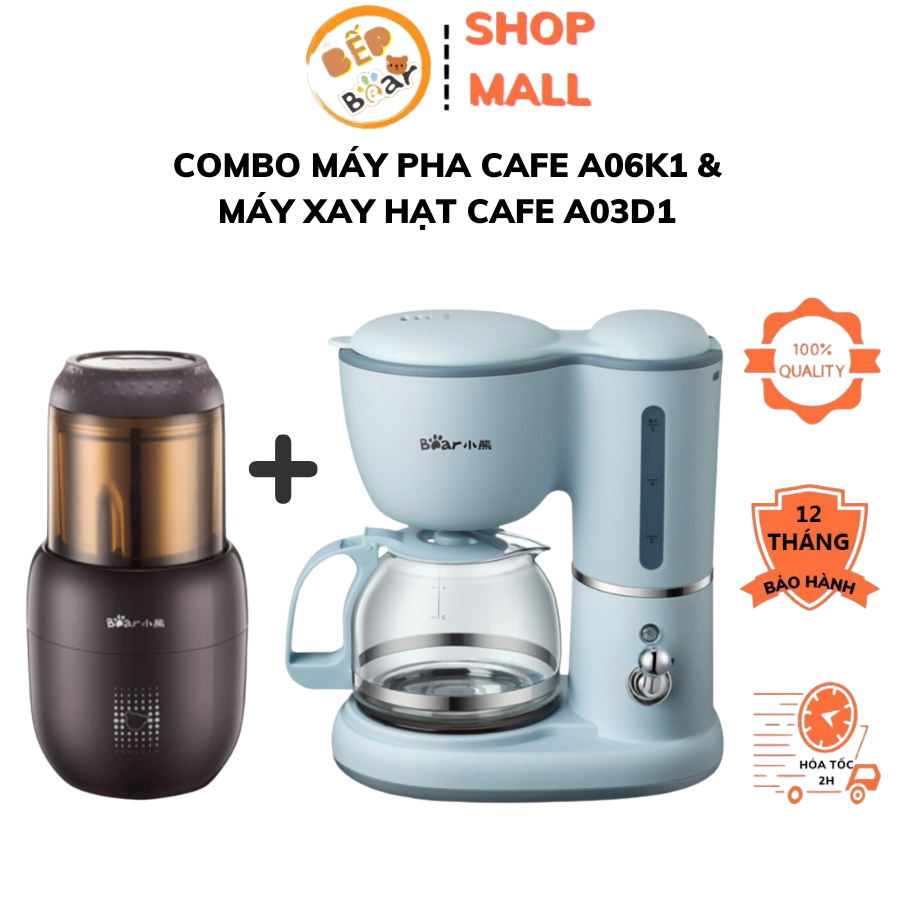 Combo Máy pha cafe, pha trà tự động BEAR A06K1 + Máy xay hạt cà phê, xay ngũ cốc siêu mịn, BEAR A03D1, 300W, BH 12 tháng