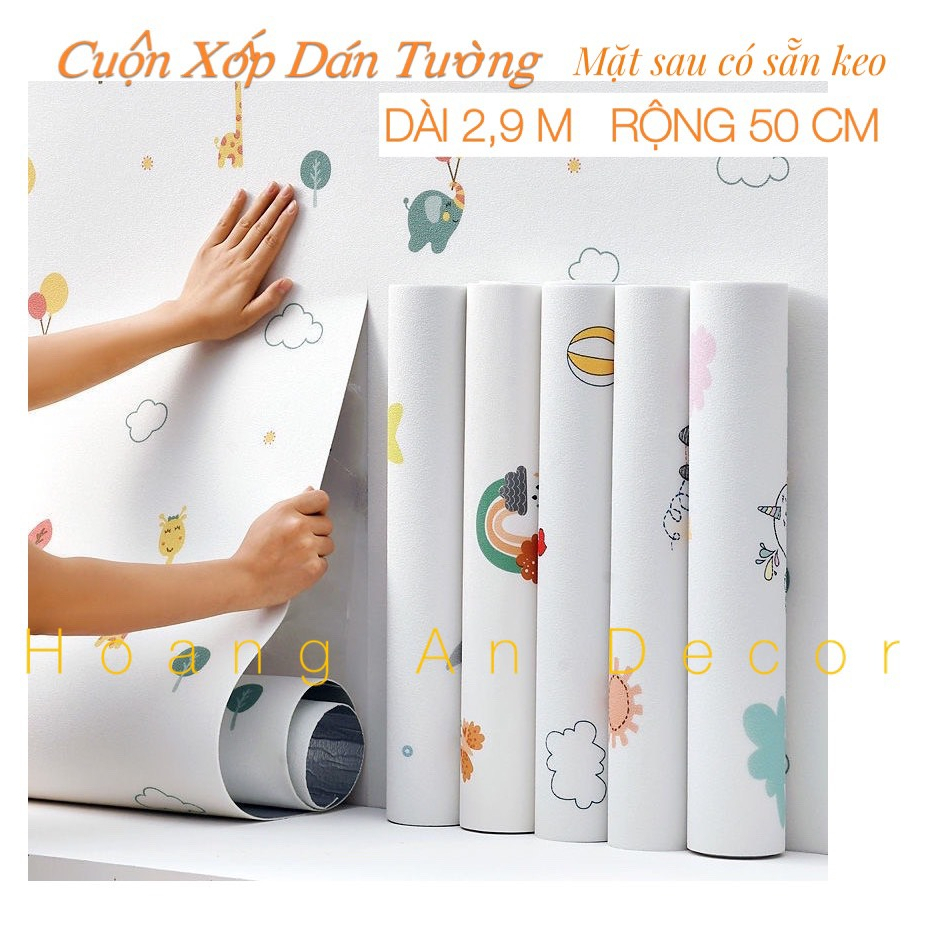 cuộn xốp dán tường hoạt hình, dài 2,9m rộng 50 cm, mặt sau có sẵn keo tráng nhôm chống cháy cách nhiệt