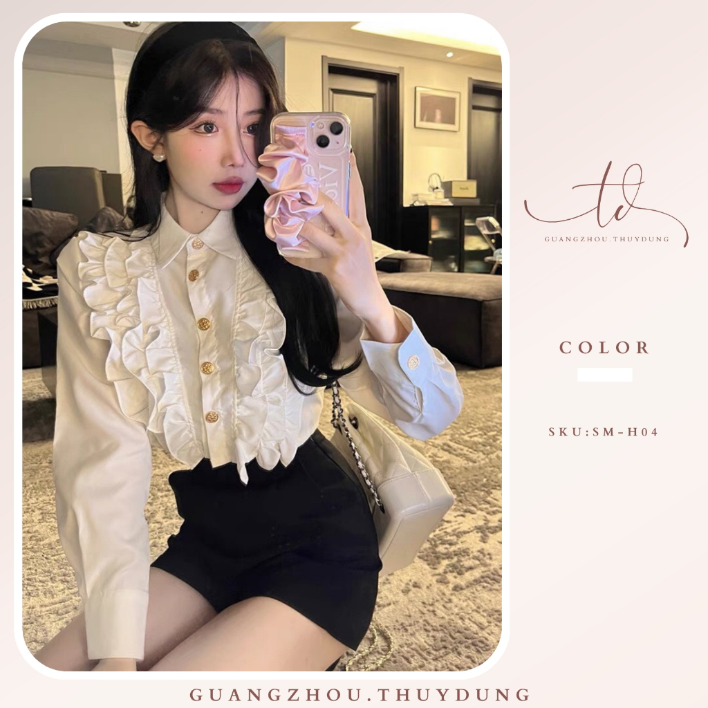 Áo sơ mi nữ tay dài dáng ngắn áo sơ mi croptop phối bèo ngực dáng lửng khuy ngọc siêu xinh freesize Guangzhou.Thuydung