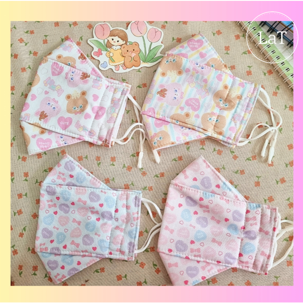 Khẩu trang vải 3D- LaT - 3 Lớp Chống bụi Kháng khuẩn - Hoạ tiết gấu thỏ tim nơ, Phối Đồ Xinh Xắn, đáng yêu