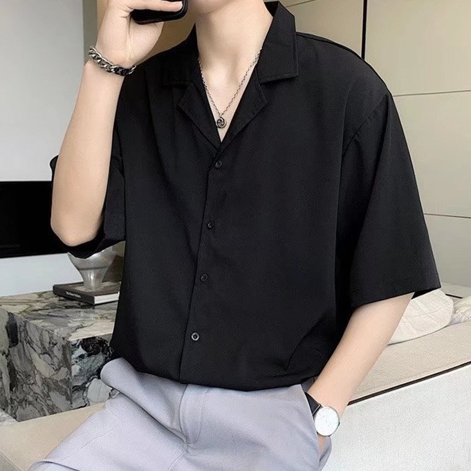 Áo Sơ Mi Nam Tay Lỡ Cổ Vest UNISEX Form Rộng Vải Kate Lụa Thời Trang Hàn Quốc ELVIN_FASHION Shop