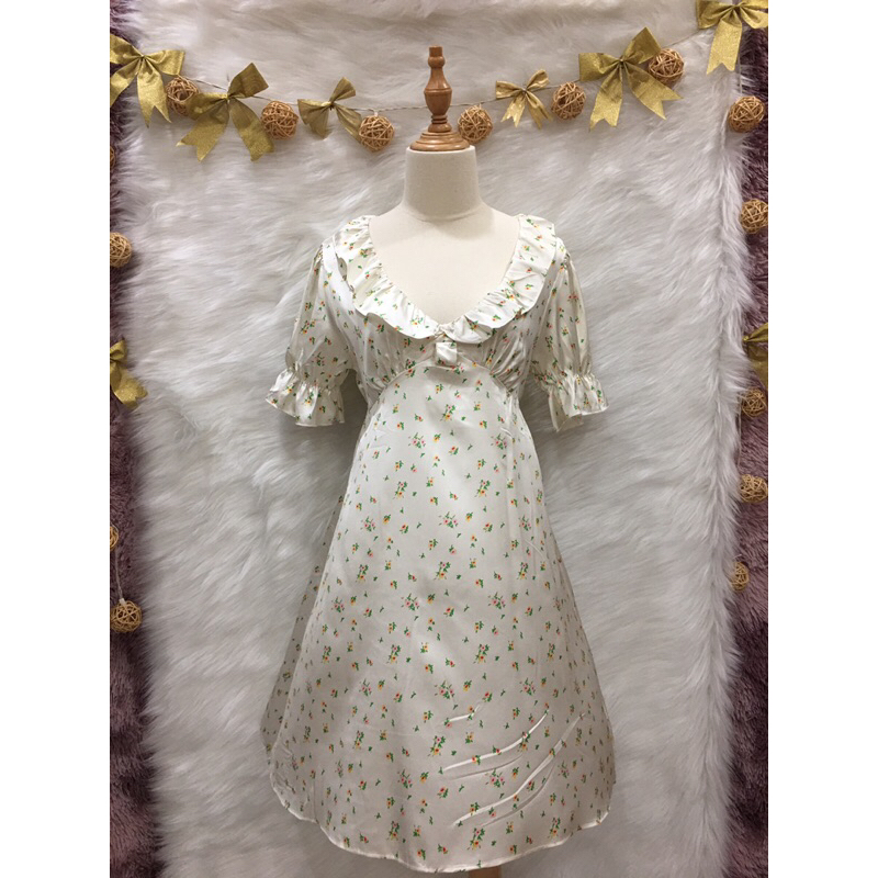 Váy Đầm hoa nhí cổ V bèo sâu 2 hand hiệu MuXiaoGuo- Size M