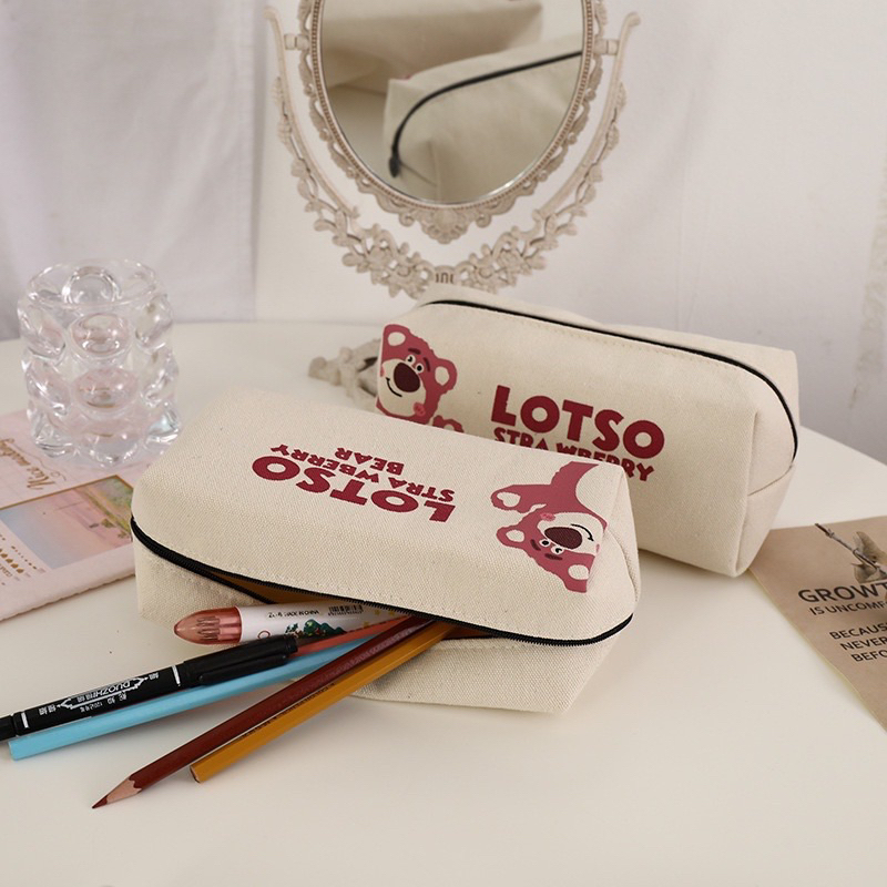 Túi đựng bút vải canvas dễ thương hình gấu dâu tây lotso học sinh bóp để bút đa năng
