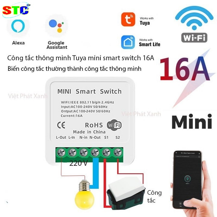 Công tắc wifi điều khiển từ xa qua điện thoại smart phone - mini tuya 16A