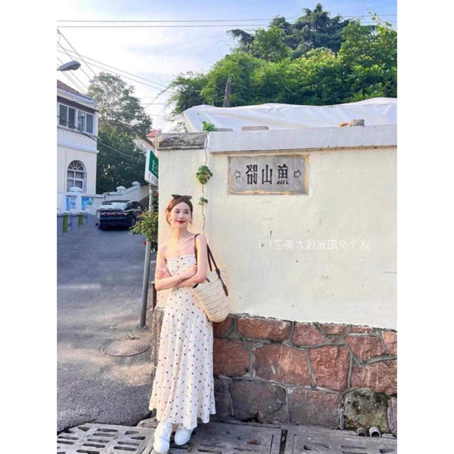 Váy đầm maxi quây cúp ngực lưng thun dáng dài màu kem hoa nhí mùa hè đi biển Hàn Quốc
