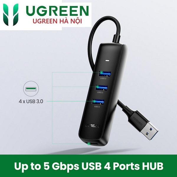 Ugreen Black Usb 3.0 4 Ports Hub with type c power port 10915, 80657 cao cấp
