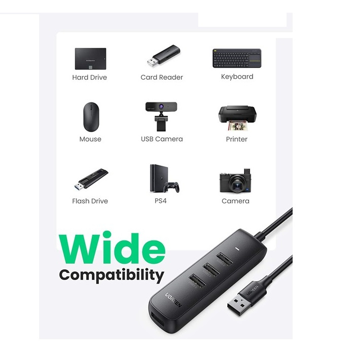 Ugreen Black Usb 3.0 4 Ports Hub with type c power port 10915, 80657 cao cấp