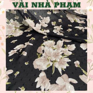 Voan lụa nẩy hạt hoạ tiết hoa trắng to nền đen-khổ 1.5m-vải nhà phạm