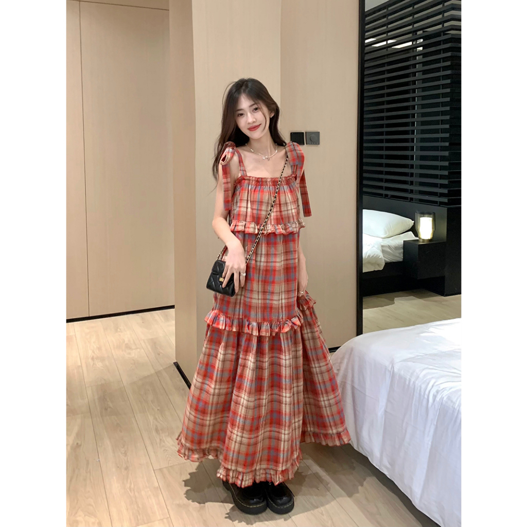 Đầm/Váy sling kẻ sọc dáng chữ A phong cách Pháp