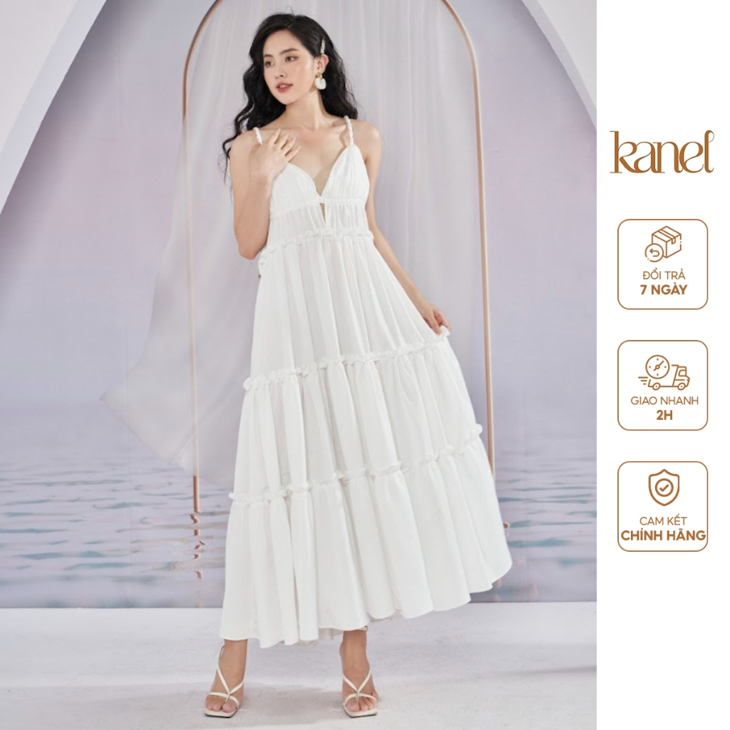 Váy maxi KANEL 2 dây áo tết nữ tính, 2 màu Trắng, Tím- V1350