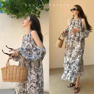 Váy hoa Maxi khoét vai hàng thiết kế