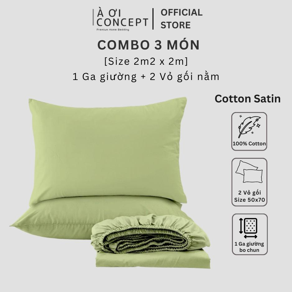 Combo 3 Món Cotton Satin Ga Giường 2m2 x 2m và 2 vỏ gối nằm À Ơi Concept cao cấp Hàn Quốc nhiều màu