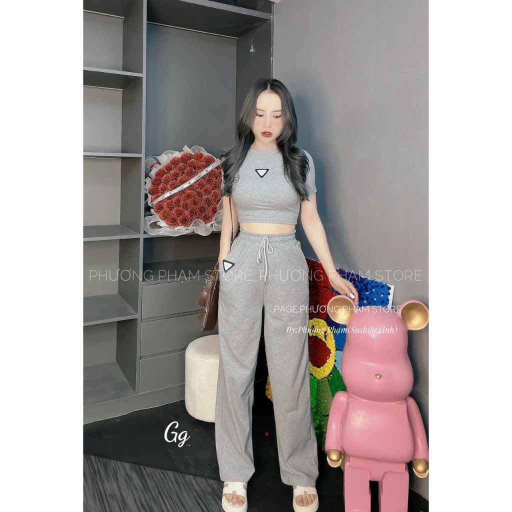 [5.5 Sales Freeship] Set bộ thun nữ quần dài, set bộ thun trơn màu áo croptop in logo mix quấn suông dài cá tính mtb