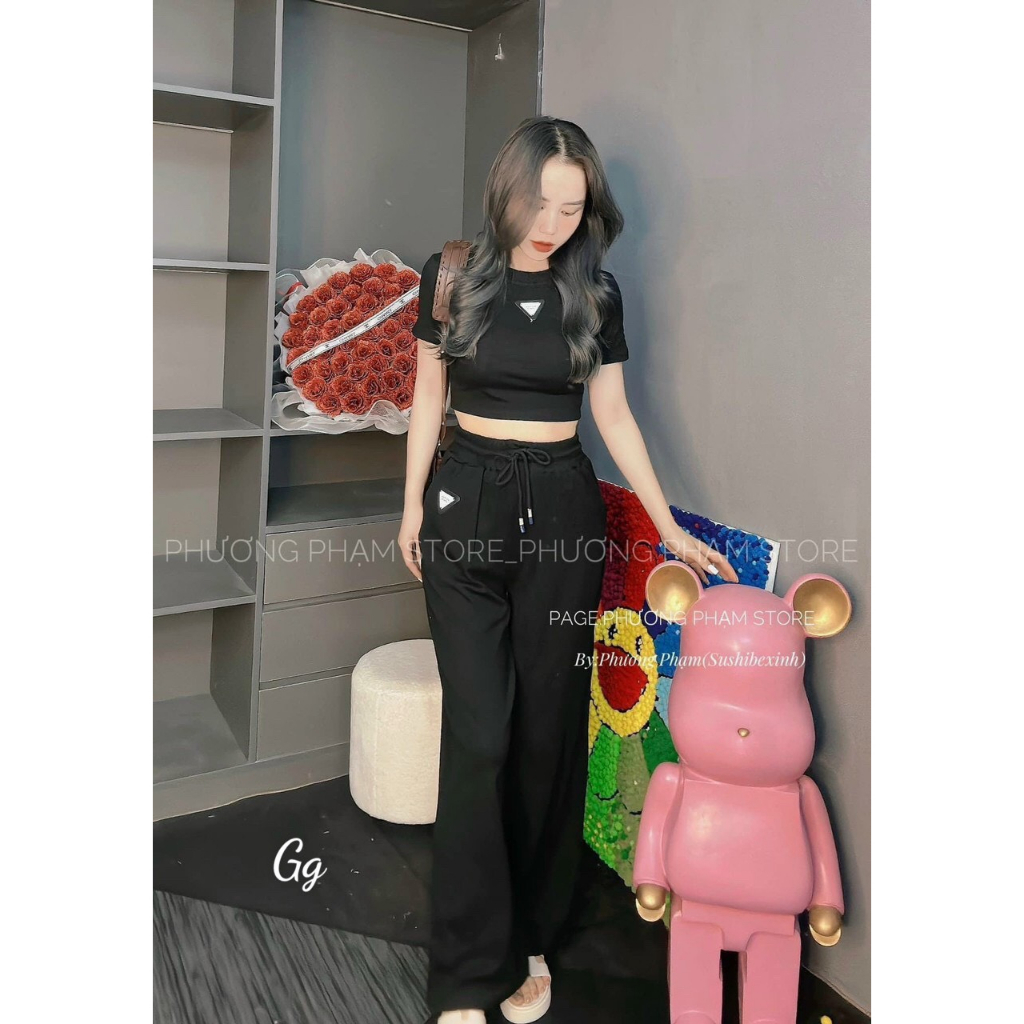 [5.5 Sales Freeship] Set bộ thun nữ quần dài, set bộ thun trơn màu áo croptop in logo mix quấn suông dài cá tính mtb